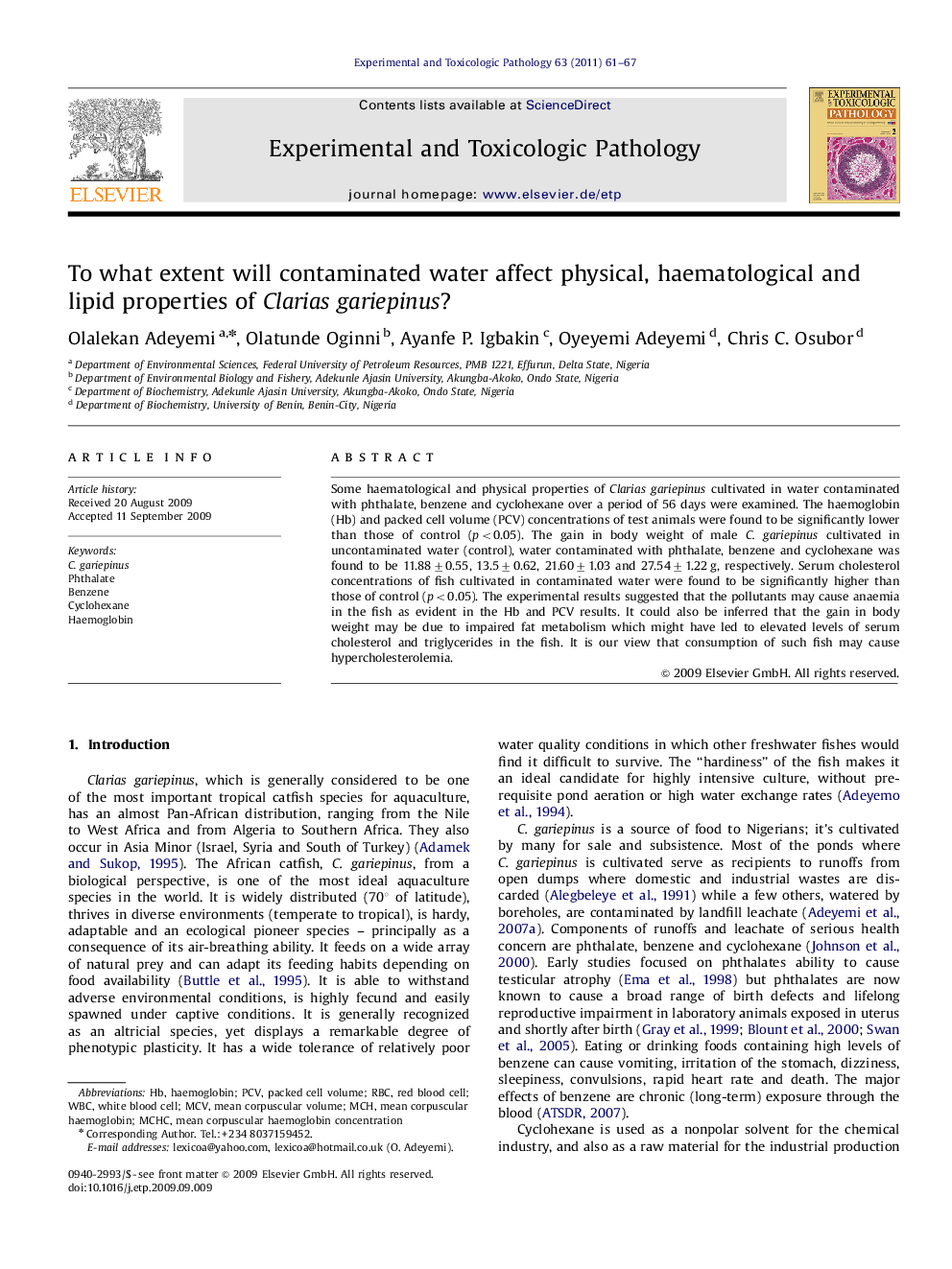 To what extent will contaminated water affect physical, haematological and lipid properties of Clariasgariepinus?