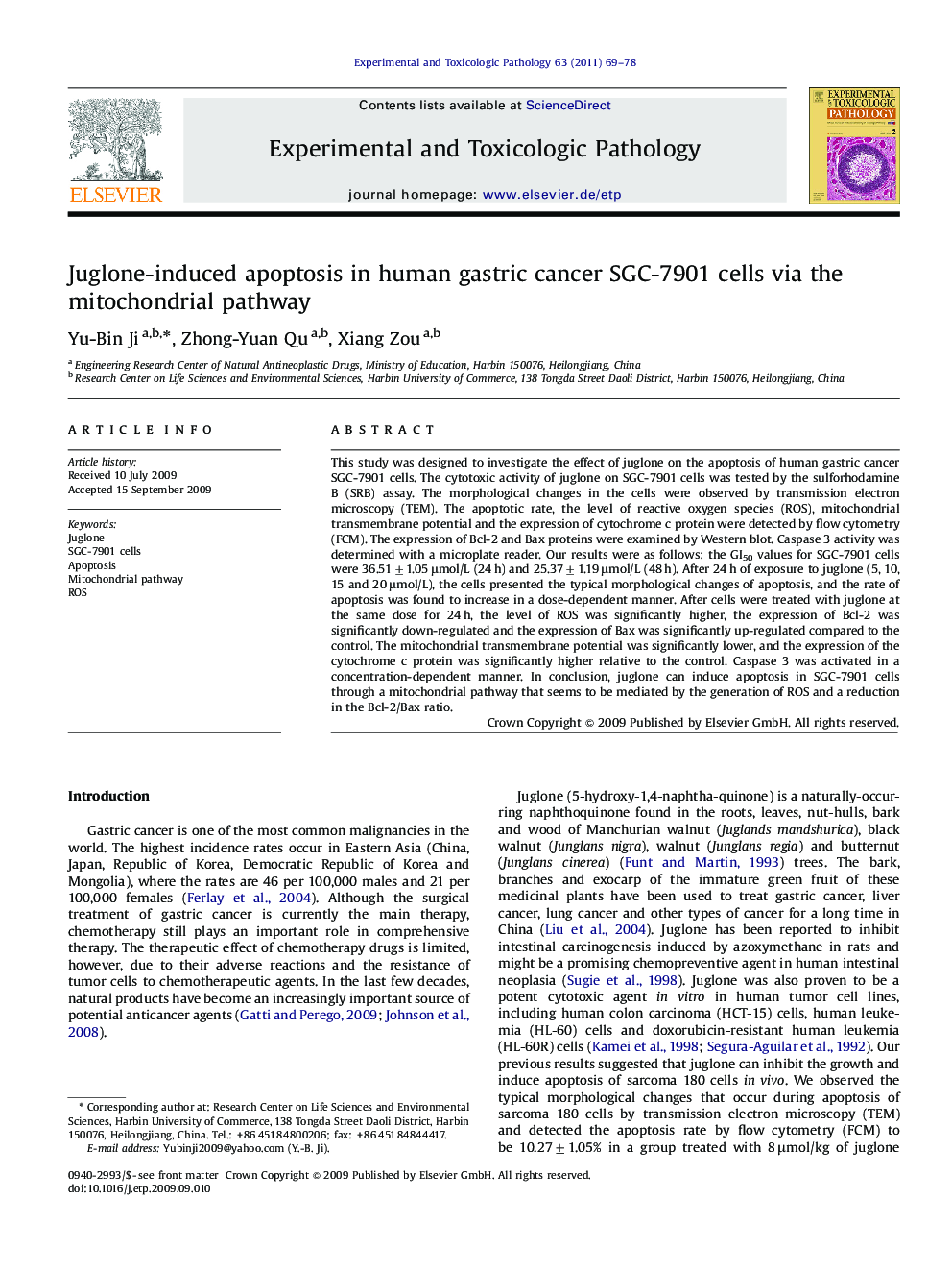 Juglone-induced apoptosis in human gastric cancer SGC-7901 cells via the mitochondrial pathway