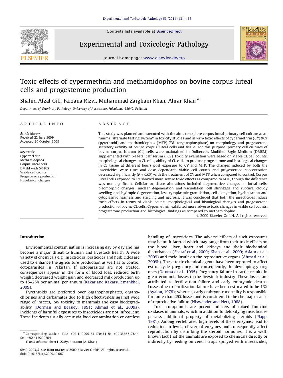 Toxic effects of cypermethrin and methamidophos on bovine corpus luteal cells and progesterone production