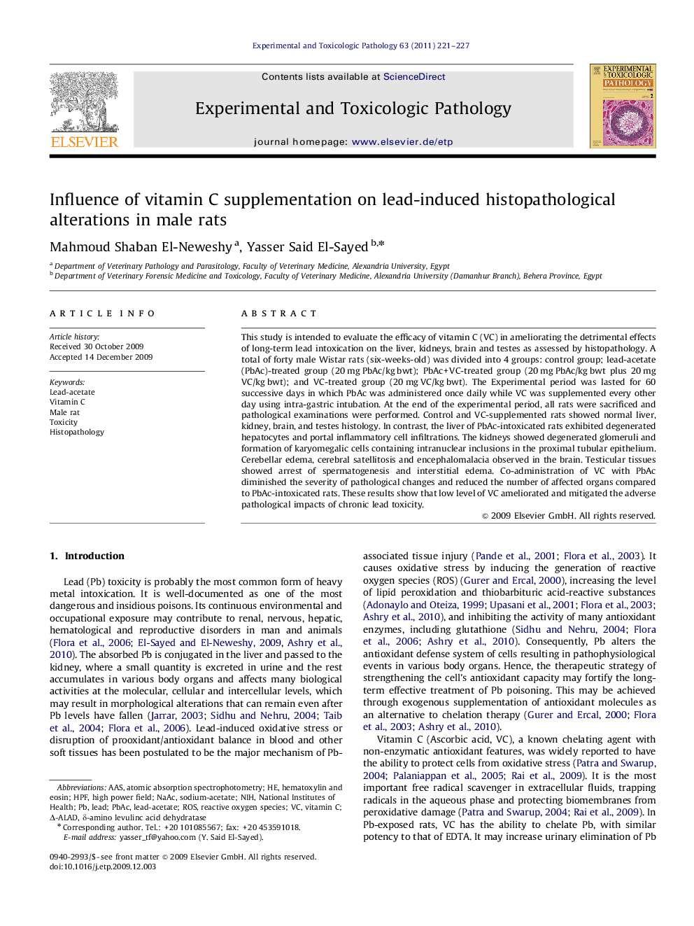 عکس صفحه اول مقاله: Influence of vitamin C supplementation on lead-induced histopathological alterations in male rats Influence of vitamin C supplementation on lead-induced histopathological alterations in male rats