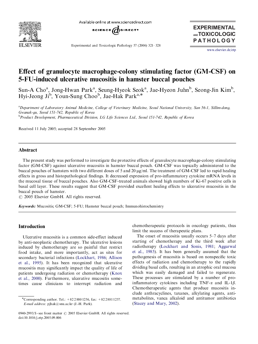 Effect of granulocyte macrophage-colony stimulating factor (GM-CSF) on 5-FU-induced ulcerative mucositis in hamster buccal pouches