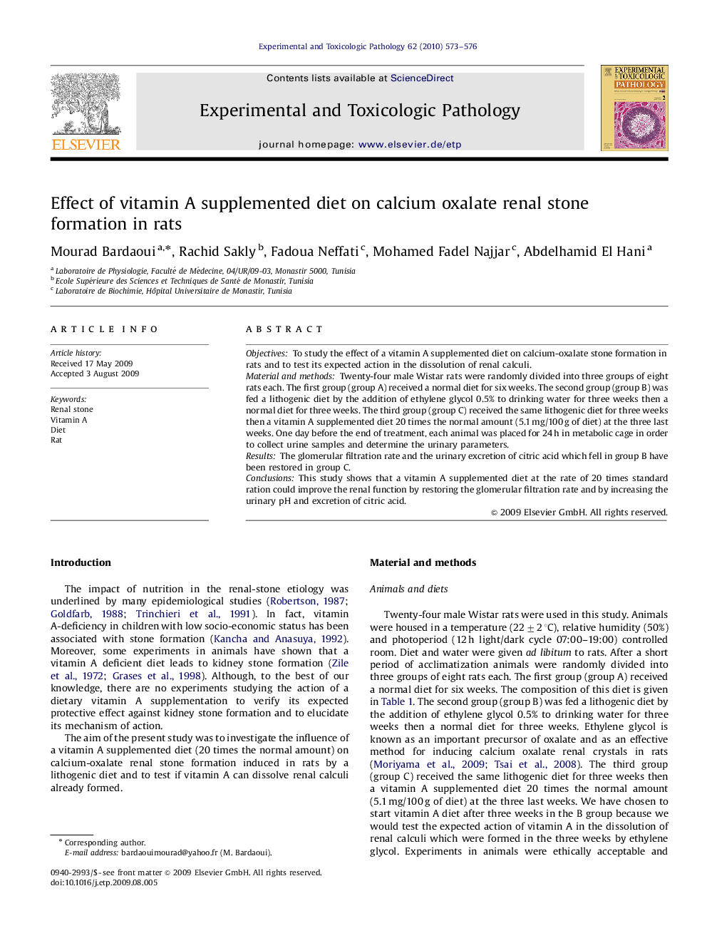 Effect of vitamin A supplemented diet on calcium oxalate renal stone formation in rats