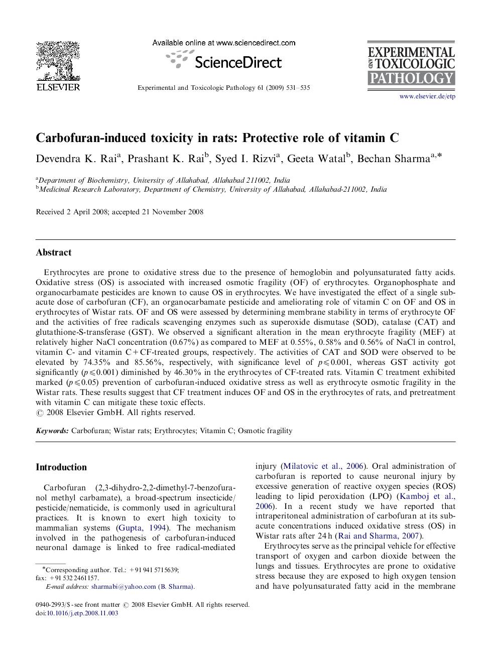 Carbofuran-induced toxicity in rats: Protective role of vitamin C