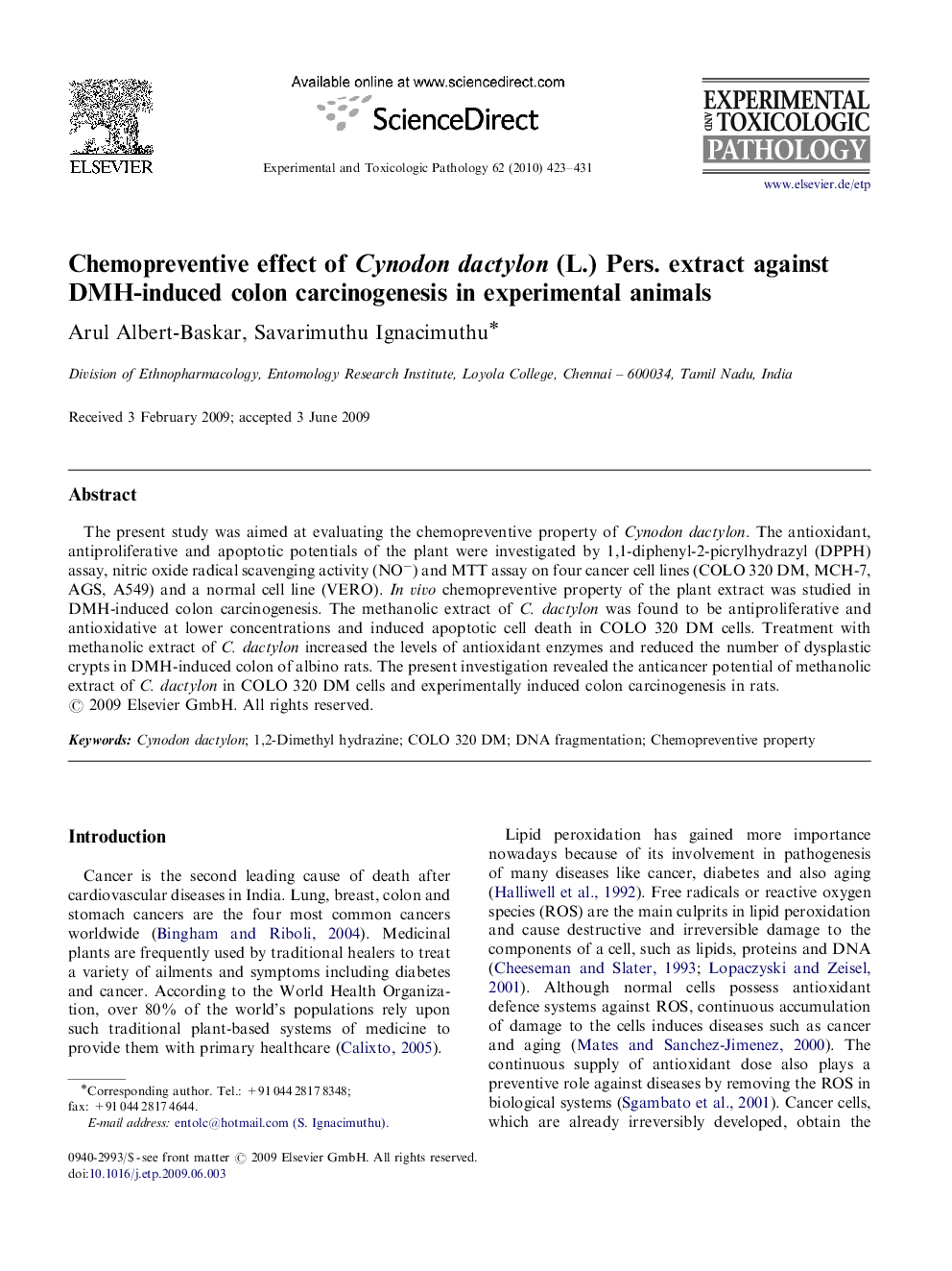 Chemopreventive effect of Cynodon dactylon (L.) Pers. extract against DMH-induced colon carcinogenesis in experimental animals