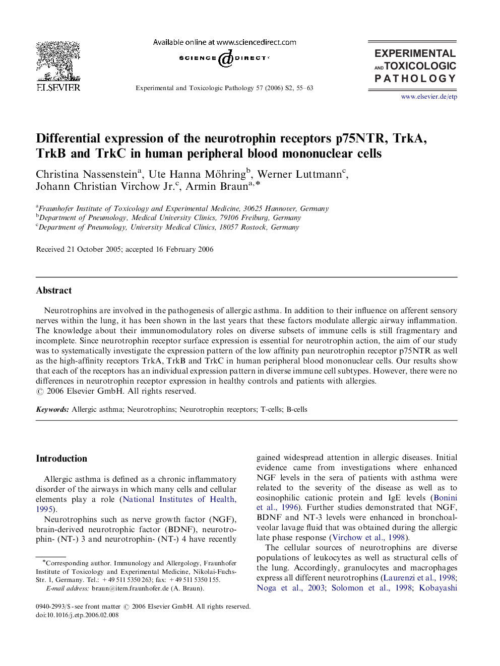 Differential expression of the neurotrophin receptors p75NTR, TrkA, TrkB and TrkC in human peripheral blood mononuclear cells