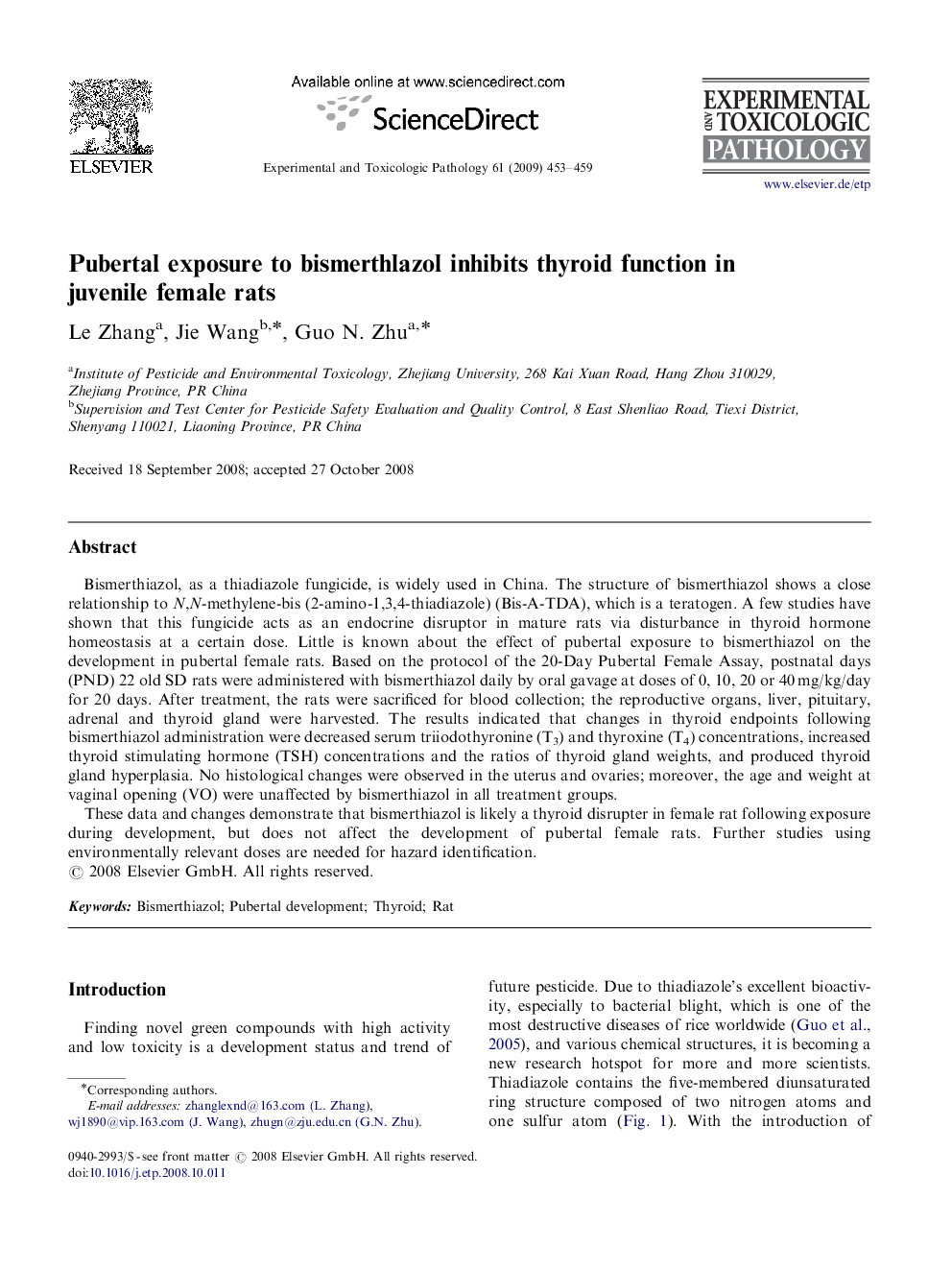 Pubertal exposure to bismerthlazol inhibits thyroid function in juvenile female rats