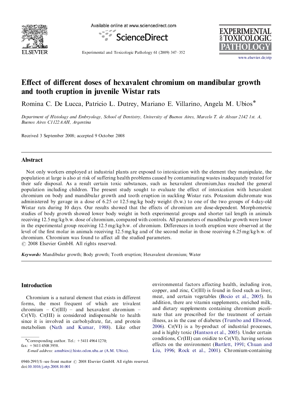 عکس صفحه اول مقاله: Effect of different doses of hexavalent chromium on mandibular growth and tooth eruption in juvenile Wistar rats Effect of different doses of hexavalent chromium on mandibular growth and tooth eruption in juvenile Wistar rats