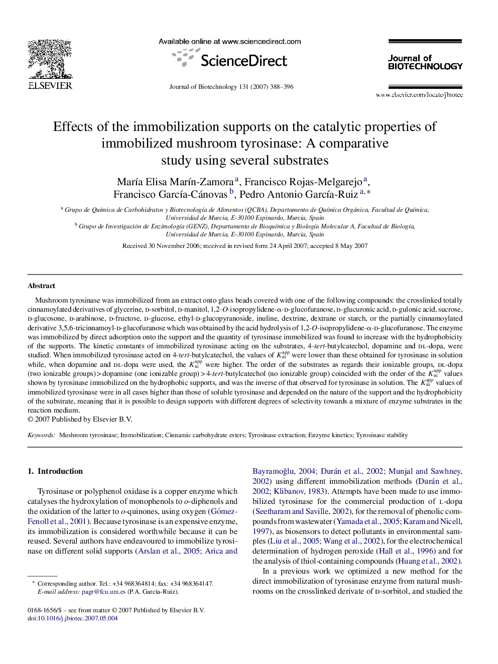 Effects of the immobilization supports on the catalytic properties of immobilized mushroom tyrosinase: A comparative study using several substrates