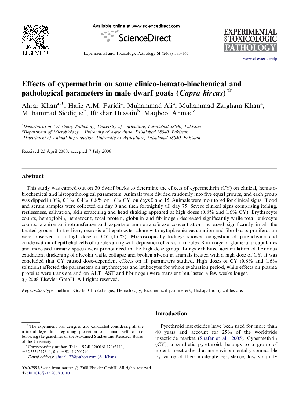 Effects of cypermethrin on some clinico-hemato-biochemical and pathological parameters in male dwarf goats (Capra hircus) 