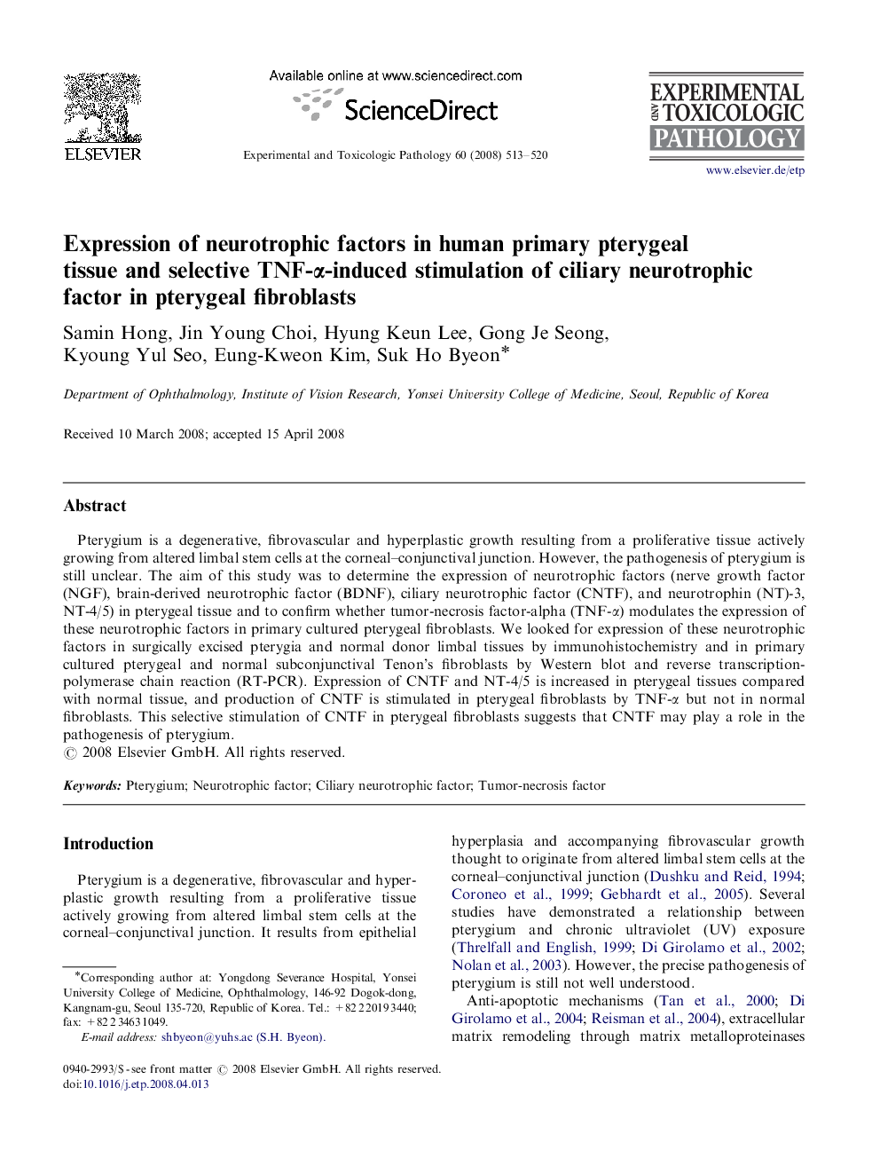 Expression of neurotrophic factors in human primary pterygeal tissue and selective TNF-α-induced stimulation of ciliary neurotrophic factor in pterygeal fibroblasts