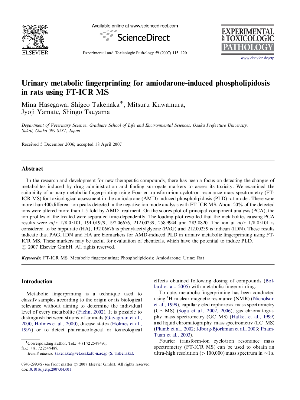 Urinary metabolic fingerprinting for amiodarone-induced phospholipidosis in rats using FT-ICR MS