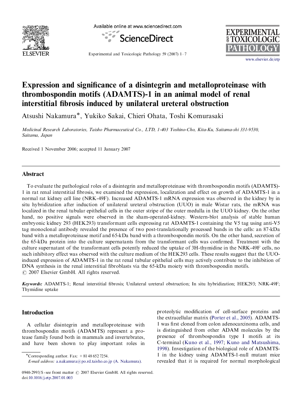 Expression and significance of a disintegrin and metalloproteinase with thrombospondin motifs (ADAMTS)-1 in an animal model of renal interstitial fibrosis induced by unilateral ureteral obstruction