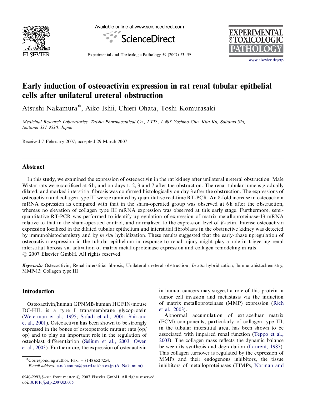 Early induction of osteoactivin expression in rat renal tubular epithelial cells after unilateral ureteral obstruction