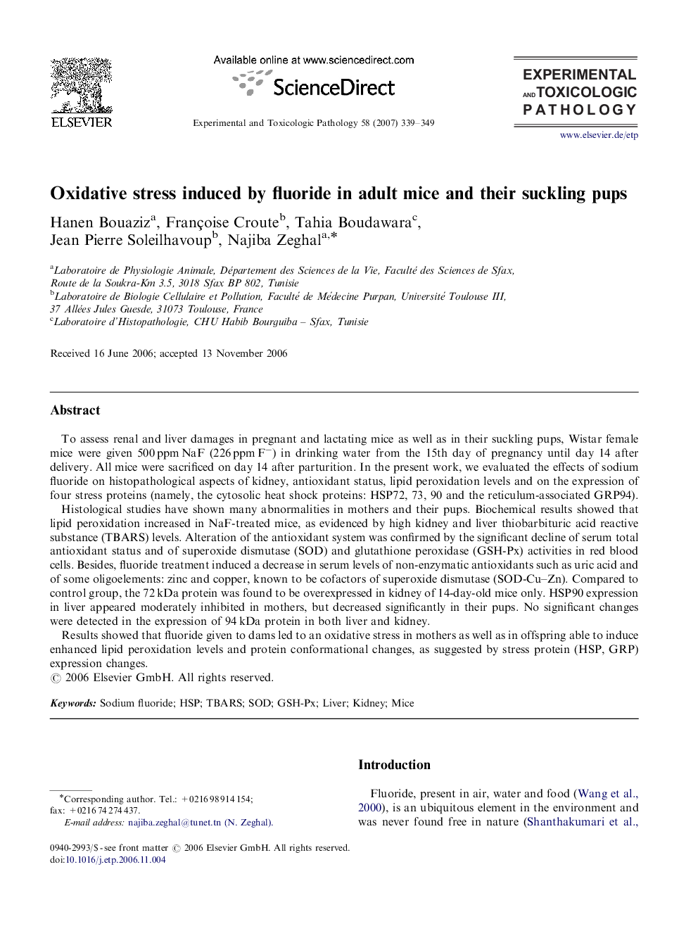 Oxidative stress induced by fluoride in adult mice and their suckling pups