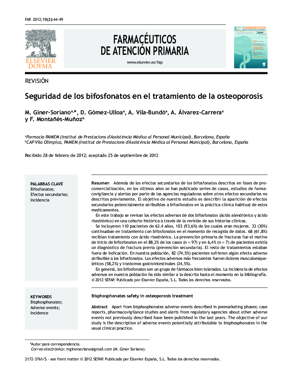 عکس صفحه اول مقاله: Seguridad de los bifosfonatos en el tratamiento de la osteoporosis Seguridad de los bifosfonatos en el tratamiento de la osteoporosis
