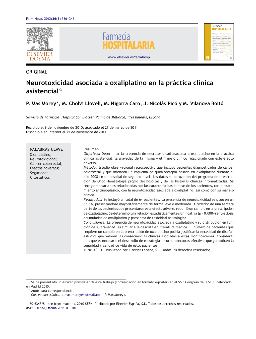 Neurotoxicidad asociada a oxaliplatino en la práctica clÃ­nica asistencial