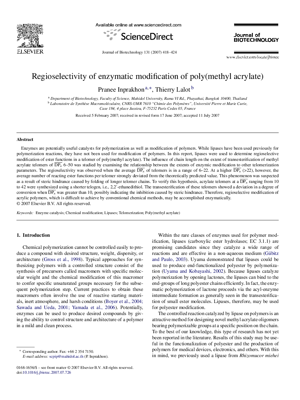 Regioselectivity of enzymatic modification of poly(methyl acrylate)