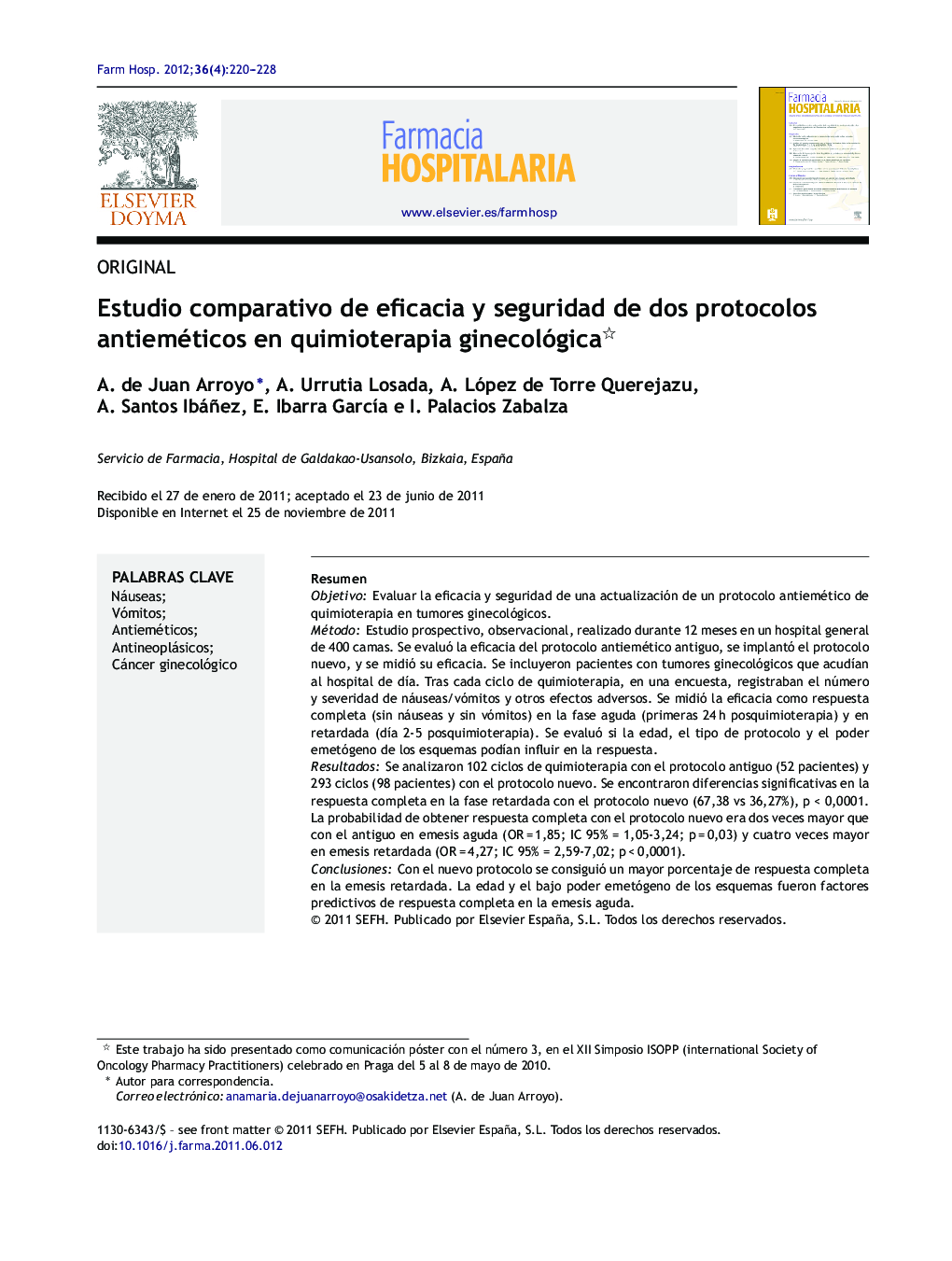 Estudio comparativo de eficacia y seguridad de dos protocolos antieméticos en quimioterapia ginecológica