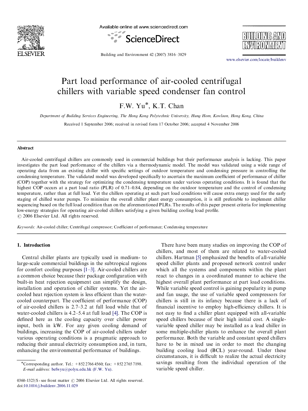 Part load performance of air-cooled centrifugal chillers with variable speed condenser fan control