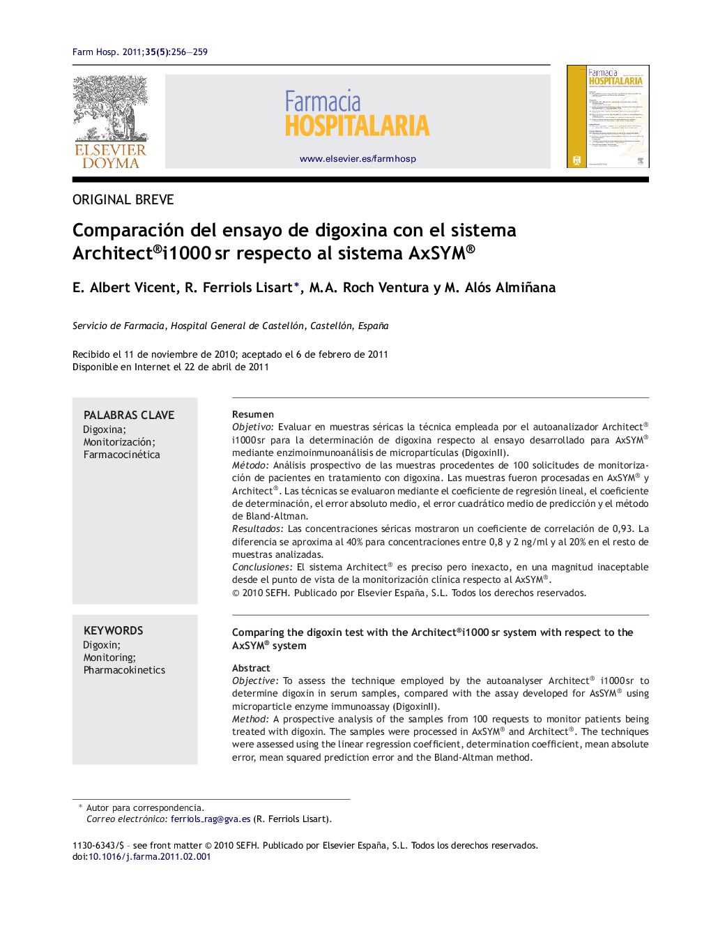 Comparación del ensayo de digoxina con el sistema Architect®i1000Â sr respecto al sistema AxSYM®