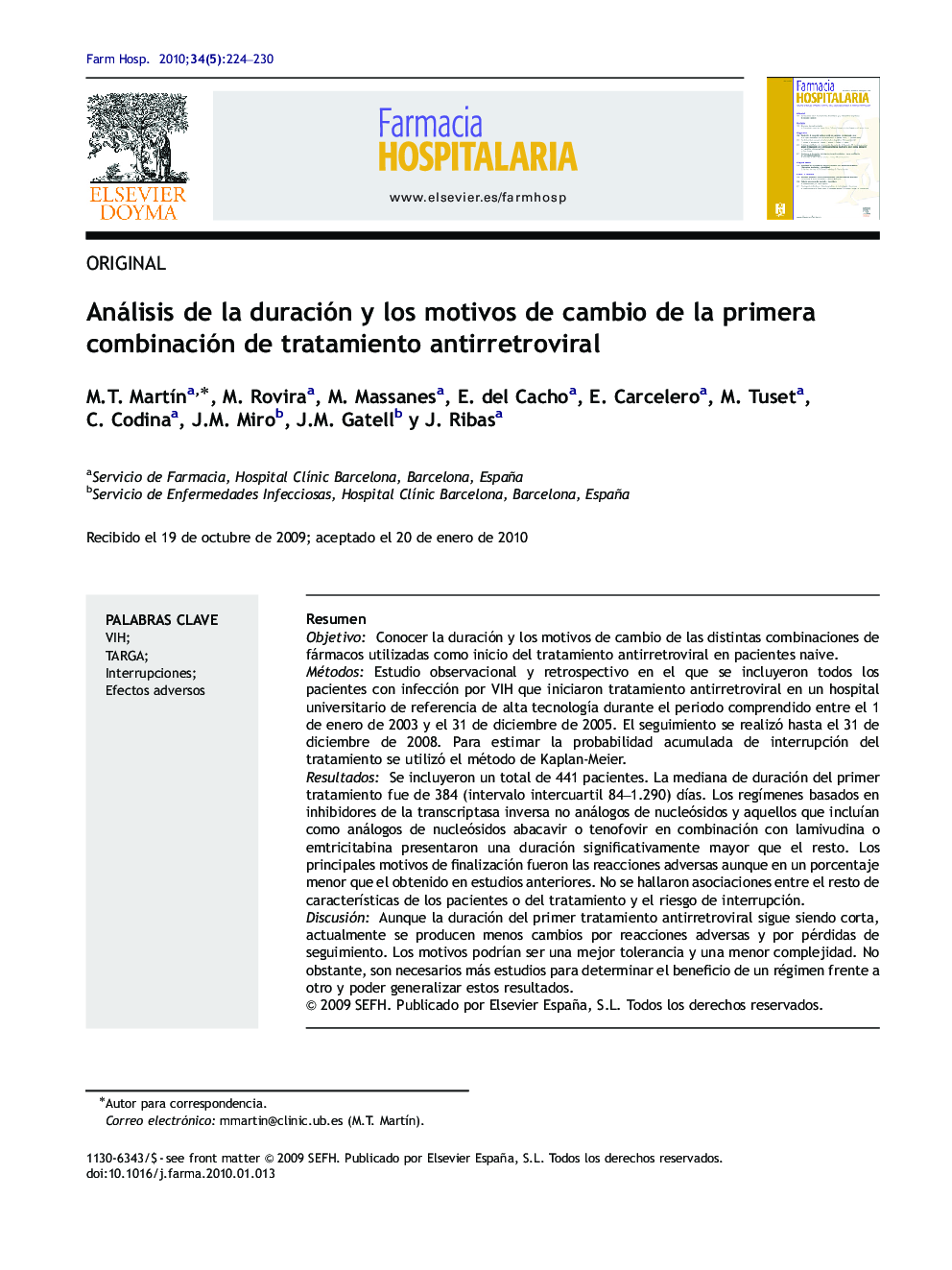 Análisis de la duración y los motivos de cambio de la primera combinación de tratamiento antirretroviral