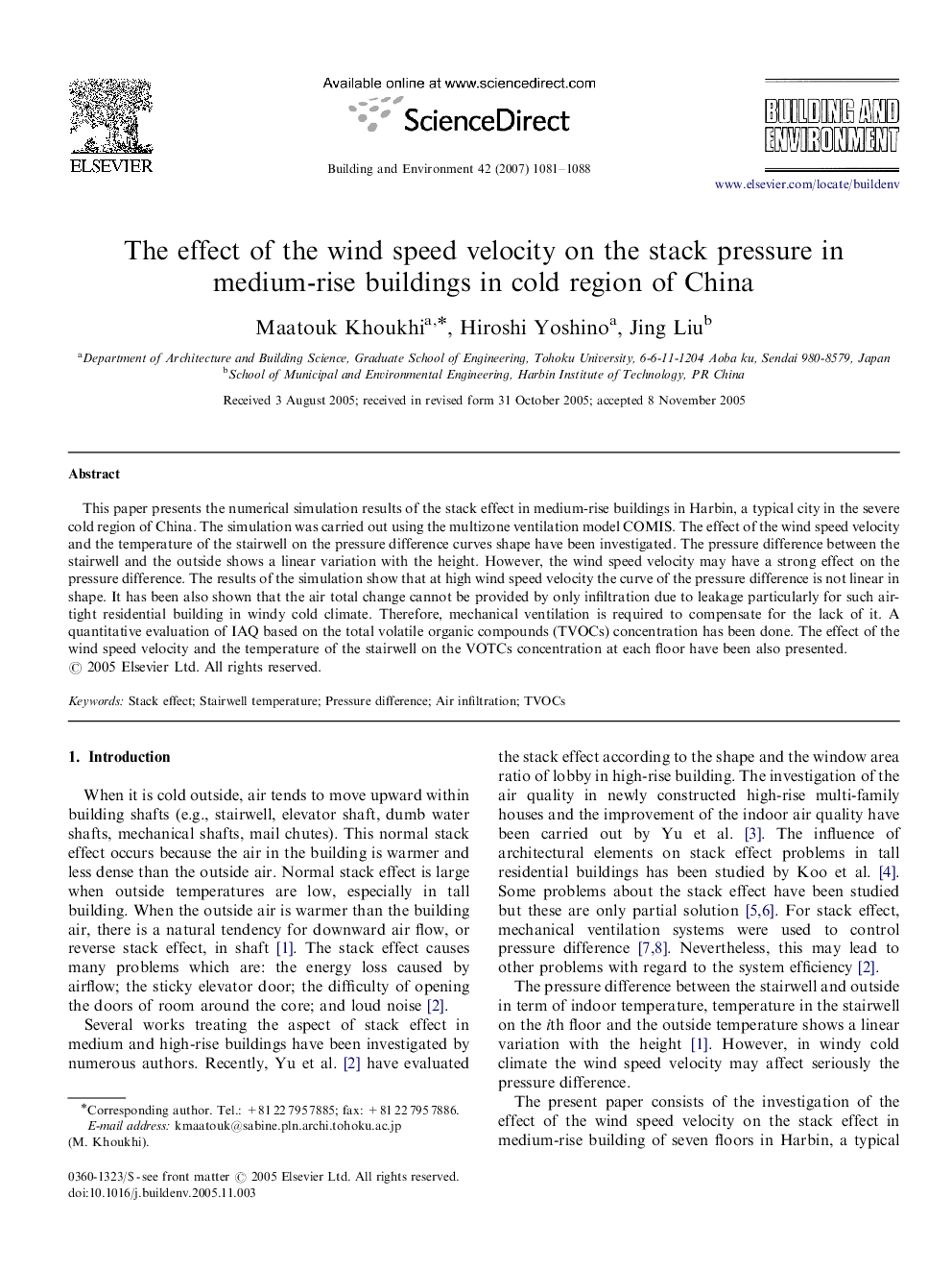 The effect of the wind speed velocity on the stack pressure in medium-rise buildings in cold region of China