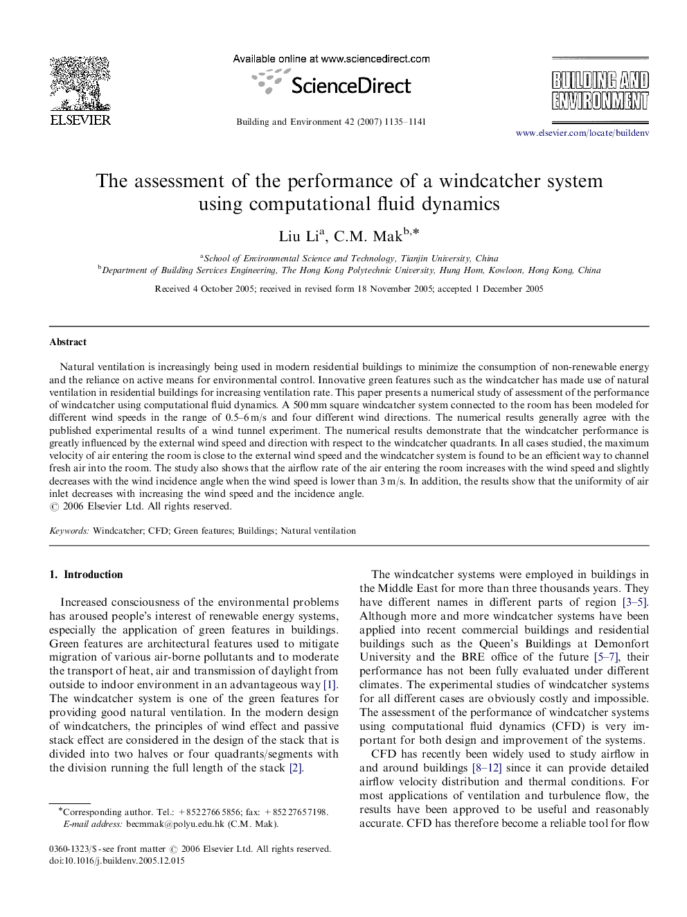 عکس صفحه اول مقاله: The assessment of the performance of a windcatcher system using computational fluid dynamics The assessment of the performance of a windcatcher system using computational fluid dynamics