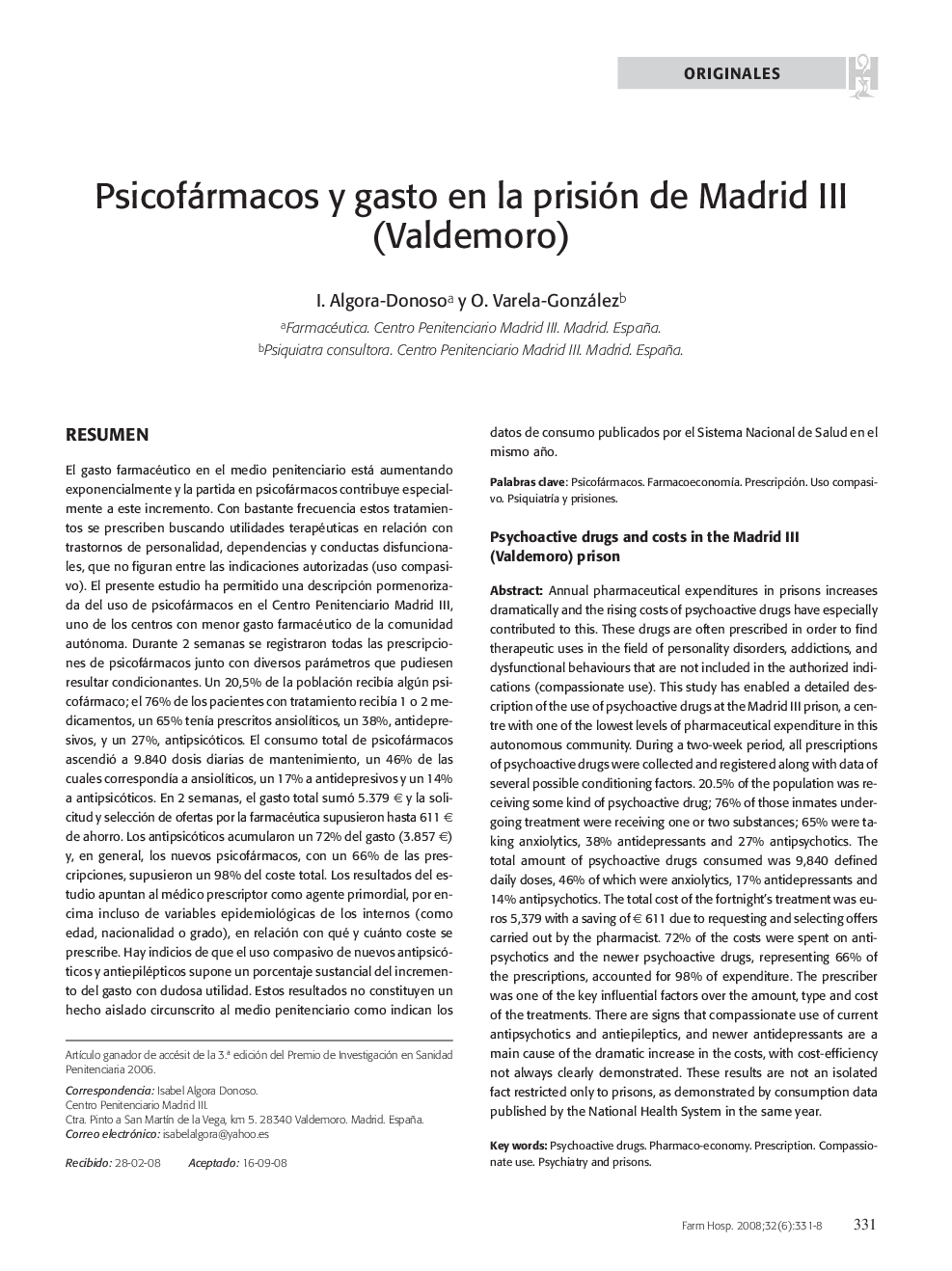 Psicofármacos y gasto en la prisión de Madrid III (Valdemoro)