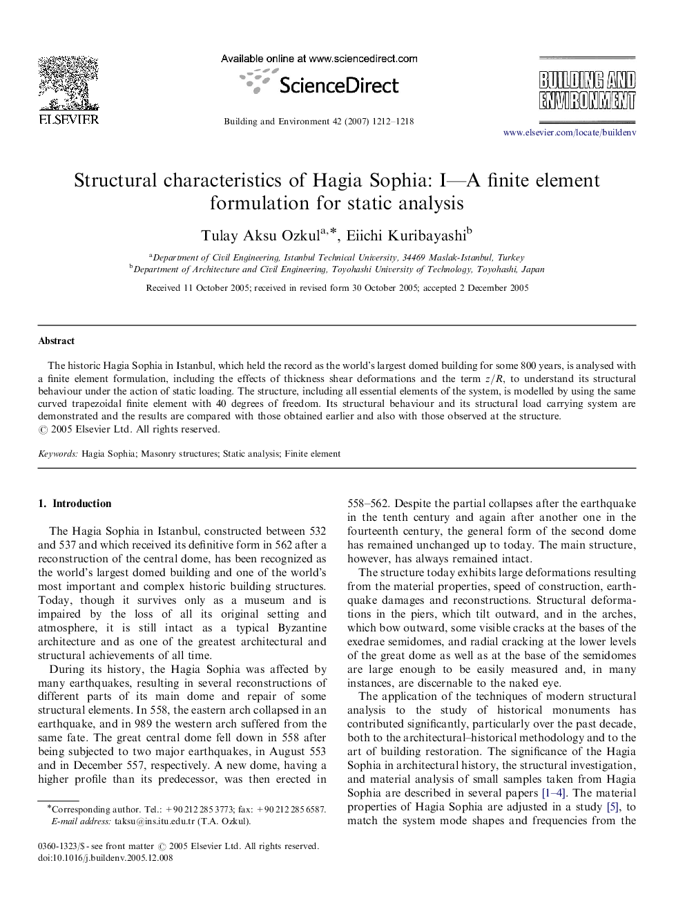 Structural characteristics of Hagia Sophia: I—A finite element formulation for static analysis