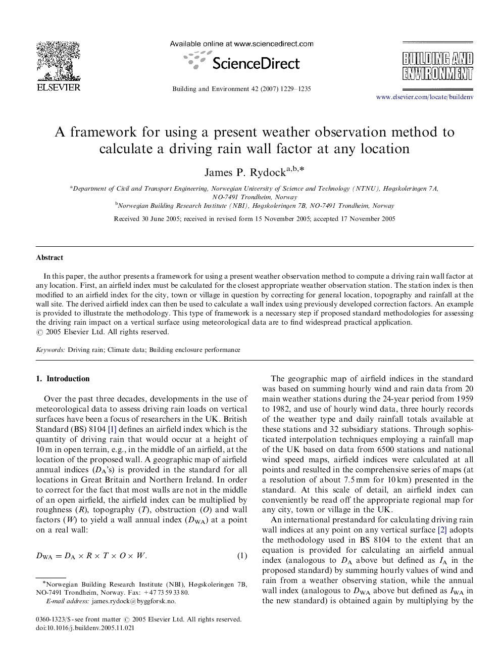 A framework for using a present weather observation method to calculate a driving rain wall factor at any location