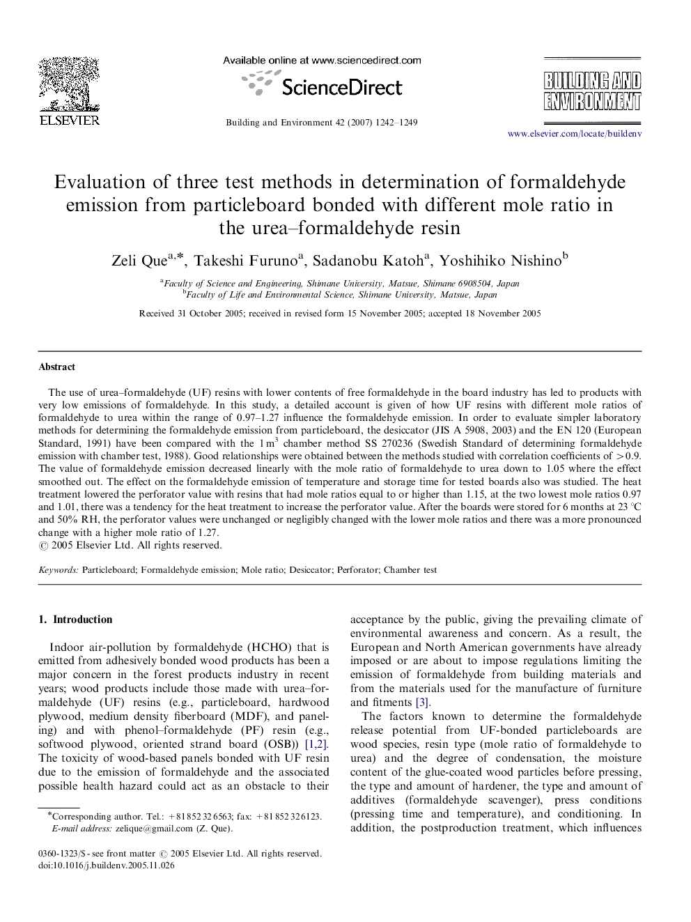 Evaluation of three test methods in determination of formaldehyde emission from particleboard bonded with different mole ratio in the urea–formaldehyde resin