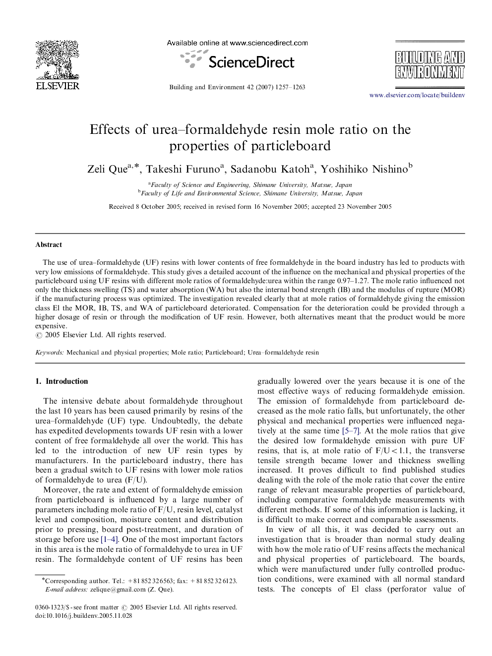 Effects of urea–formaldehyde resin mole ratio on the properties of particleboard