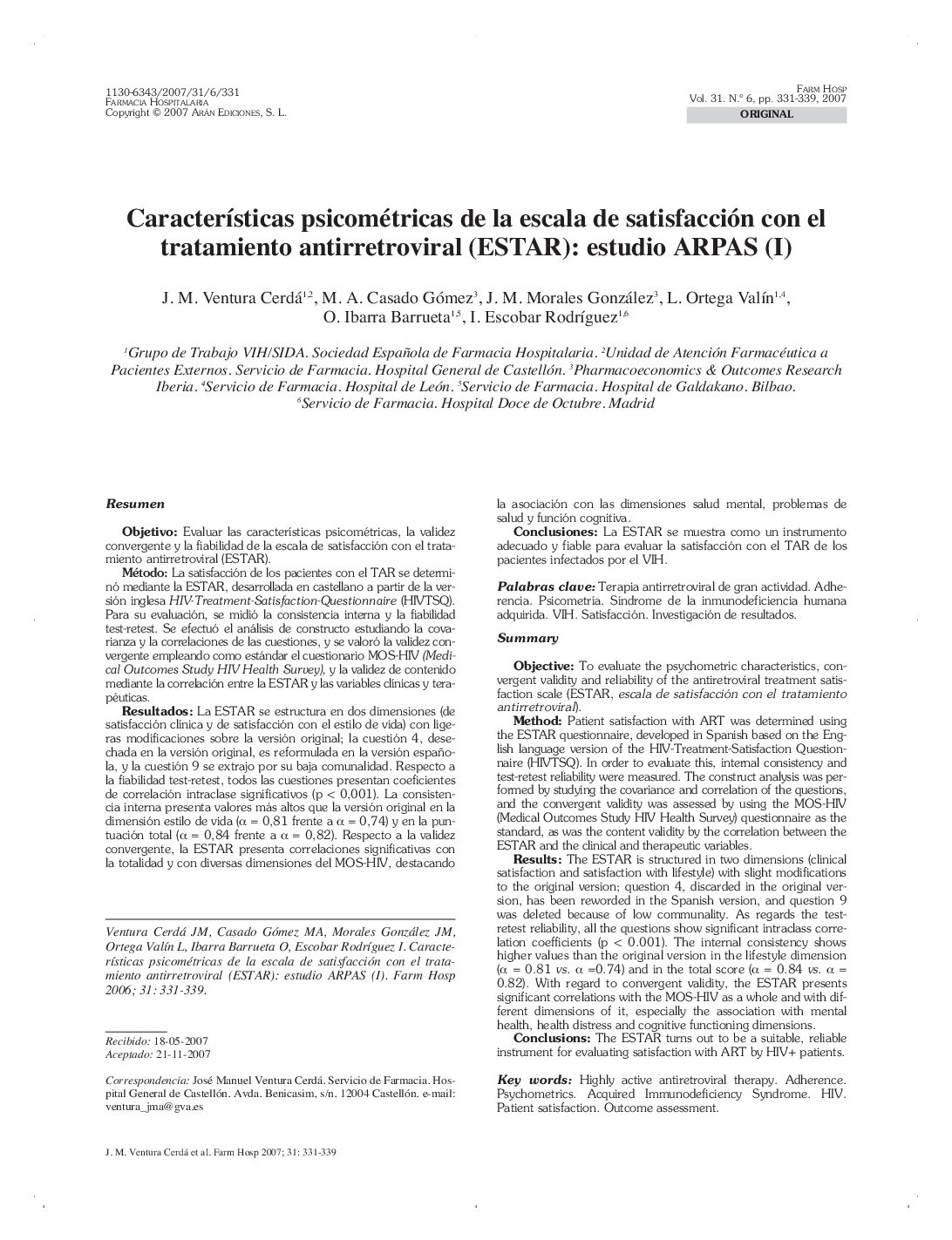 CaracterÃ­sticas psicométricas de la escala de satisfacción con el tratamiento antirretroviral (ESTAR): estudio ARPAS (I)