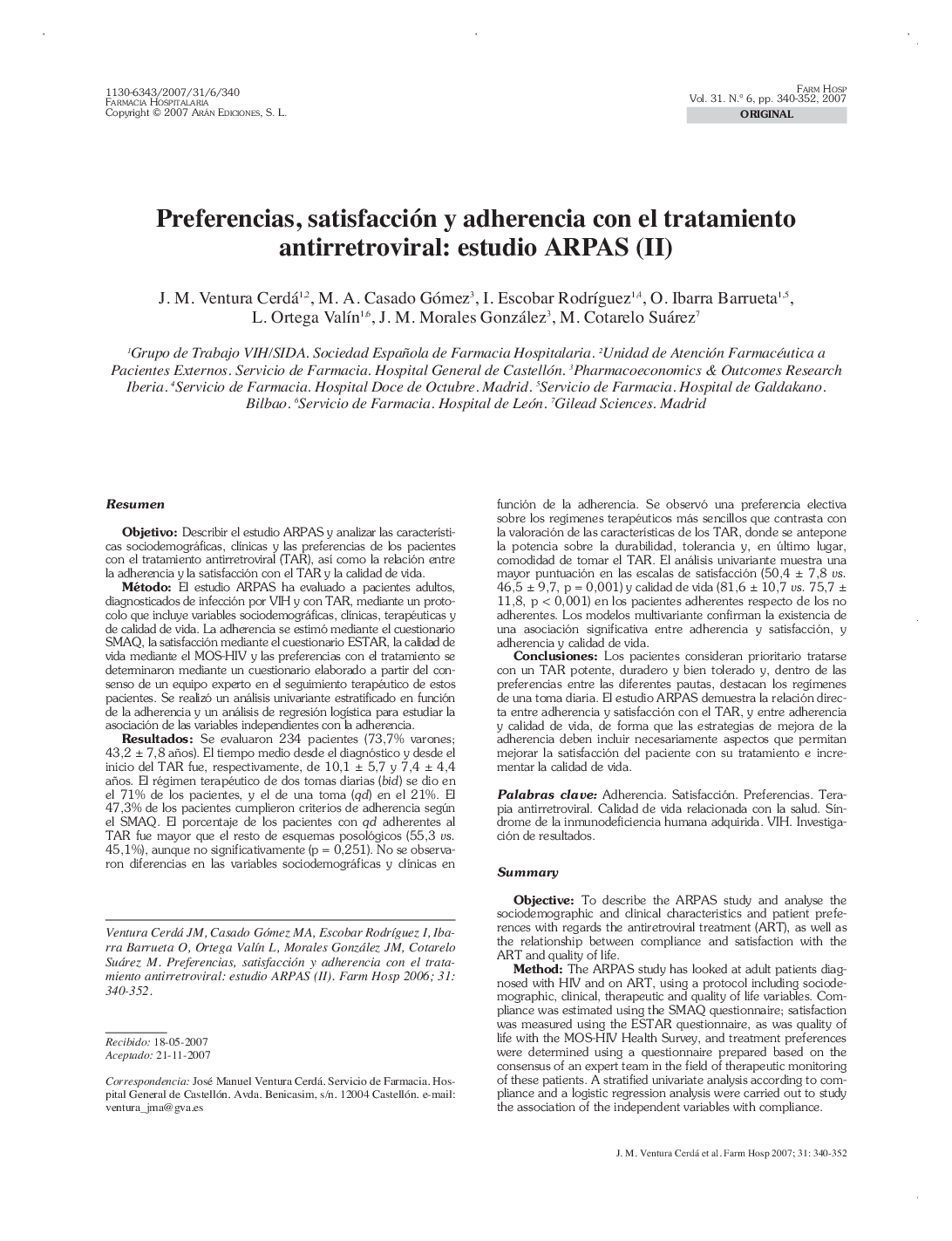 Preferencias, satisfacción y adherencia con el tratamiento antirretroviral: estudio ARPAS (II)