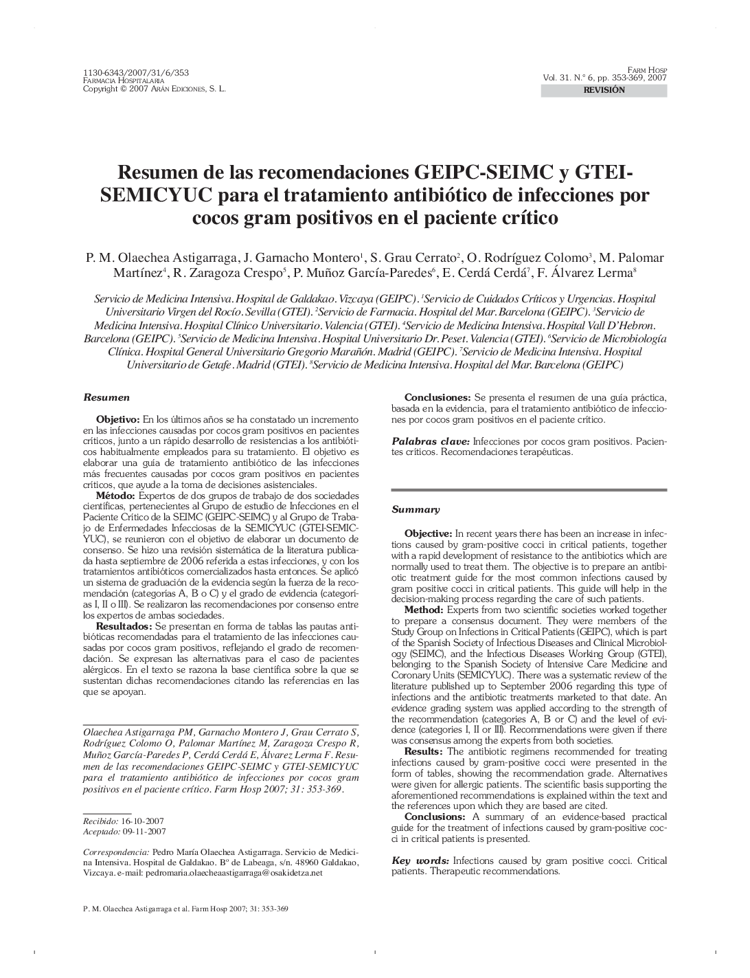 Resumen de las recomendaciones GEIPC-SEIMC y GTEI-SEMICYUC para el tratamiento antibiótico de infecciones por cocos gram positivos en el paciente crÃ­tico