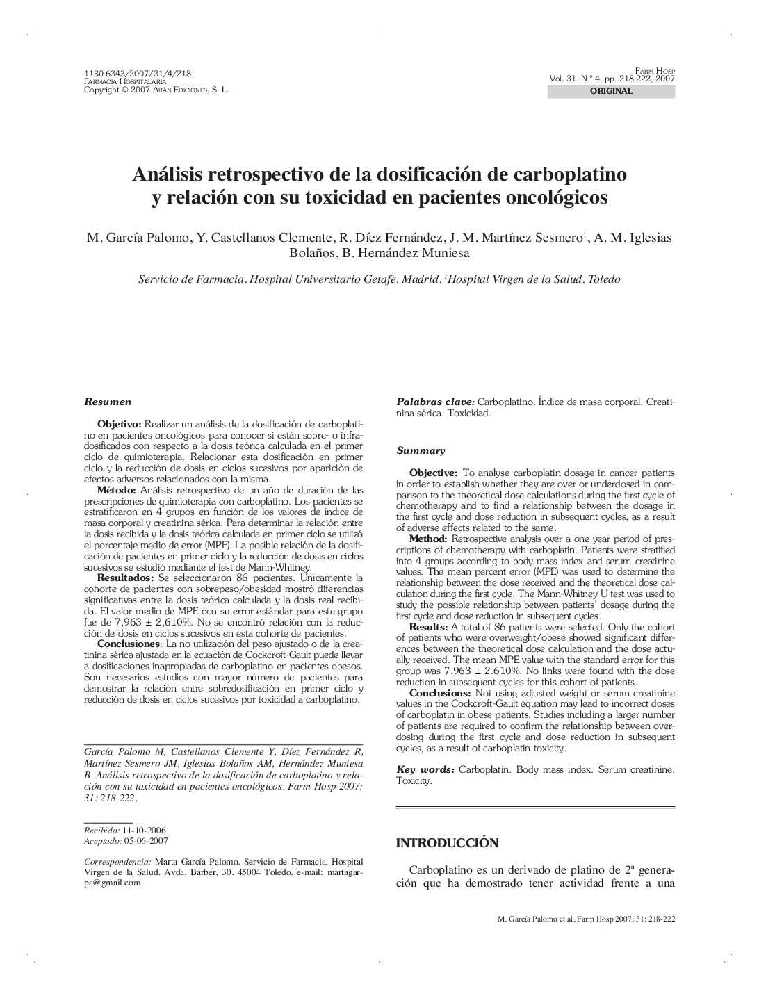 Análisis retrospectivo de la dosificación de carboplatino y relación con su toxicidad en pacientes oncológicos