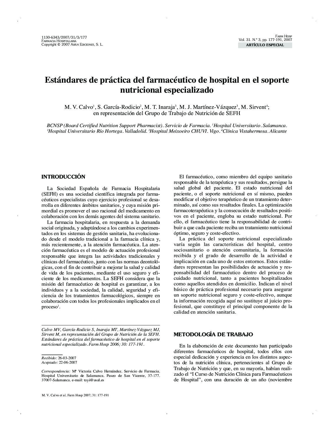 عکس صفحه اول مقاله: Estándares de práctica del farmacéutico de hospital en el soporte nutricional especializado Estándares de práctica del farmacéutico de hospital en el soporte nutricional especializado