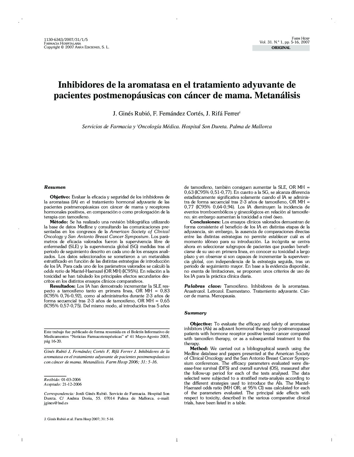 Inhibidores de la aromatasa en el tratamiento adyuvante de pacientes postmenopáusicas con cáncer de mama. Metanálisis