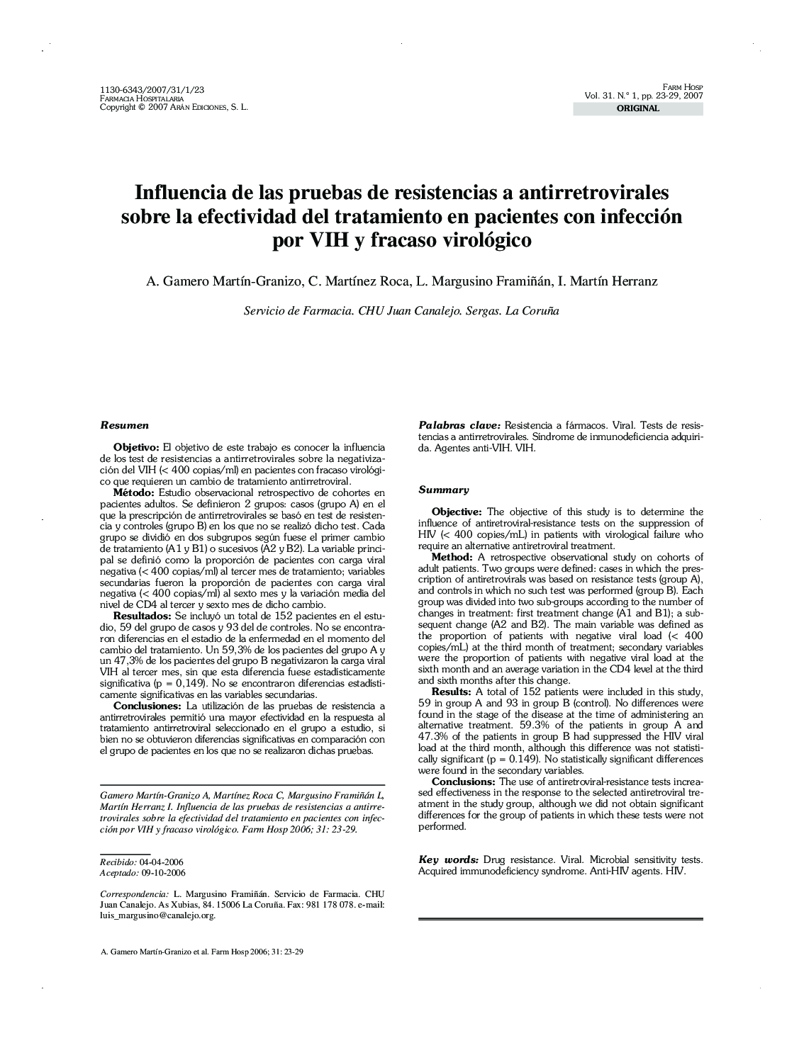 Influencia de las pruebas de resistencias a antirretrovirales sobre la efectividad del tratamiento en pacientes con infección por VIH y fracaso virológico