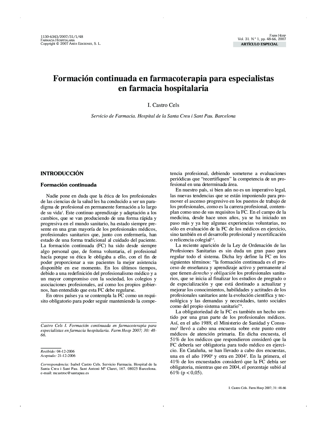 Formación continuada en farmacoterapia para especialistas en farmacia hospitalaria
