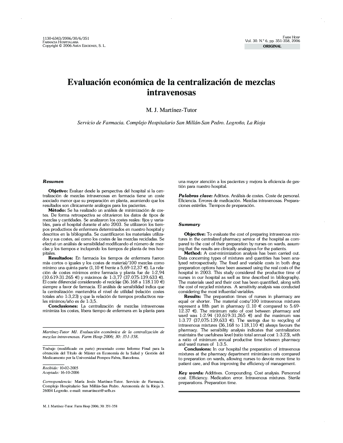 Evaluación económica de la centralización de mezclas intravenosas