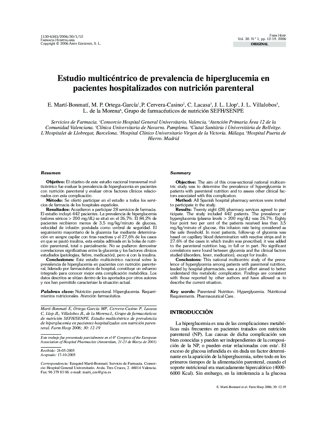 Estudio multicéntrico de prevalencia de hiperglucemia en pacientes hospitalizados con nutrición parenteral