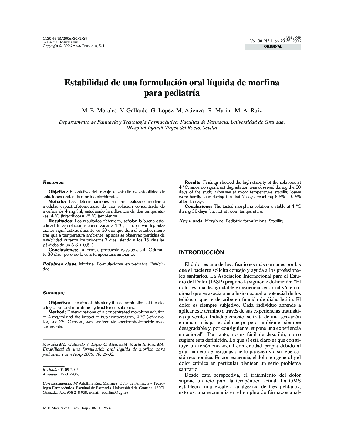 Estabilidad de una formulación oral lÃ­quida de morfina para pediatrÃ­a