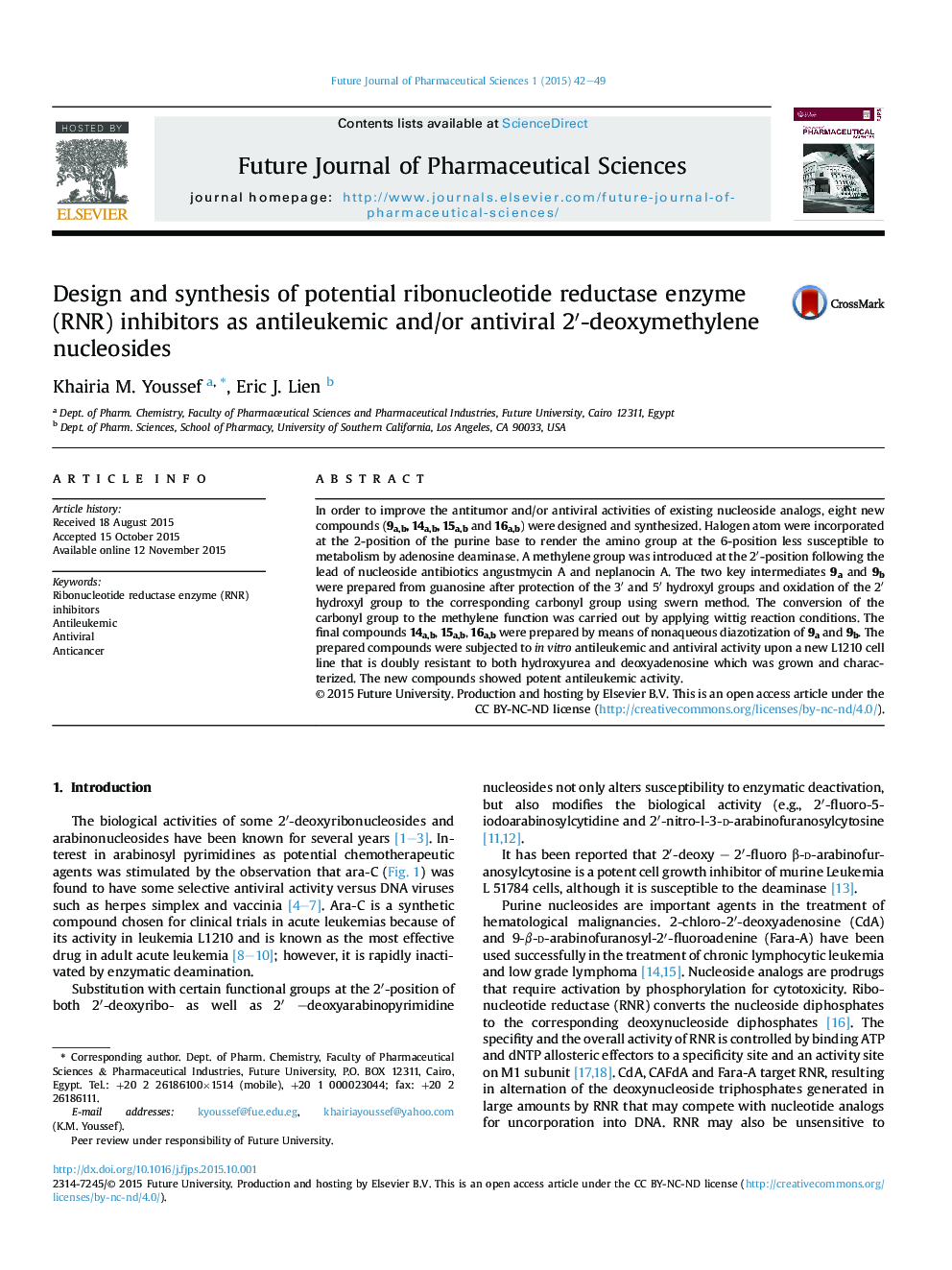 Design and synthesis of potential ribonucleotide reductase enzyme (RNR) inhibitors as antileukemic and/or antiviral 2′-deoxymethylene nucleosides 