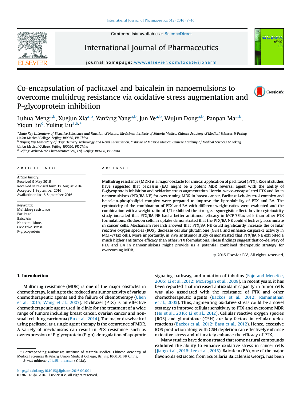 عکس صفحه اول مقاله: Co-encapsulation of paclitaxel and baicalein in nanoemulsions to overcome multidrug resistance via oxidative stress augmentation and P-glycoprotein inhibition Co-encapsulation of paclitaxel and baicalein in nanoemulsions to overcome multidrug resistance via oxidative stress augmentation and P-glycoprotein inhibition