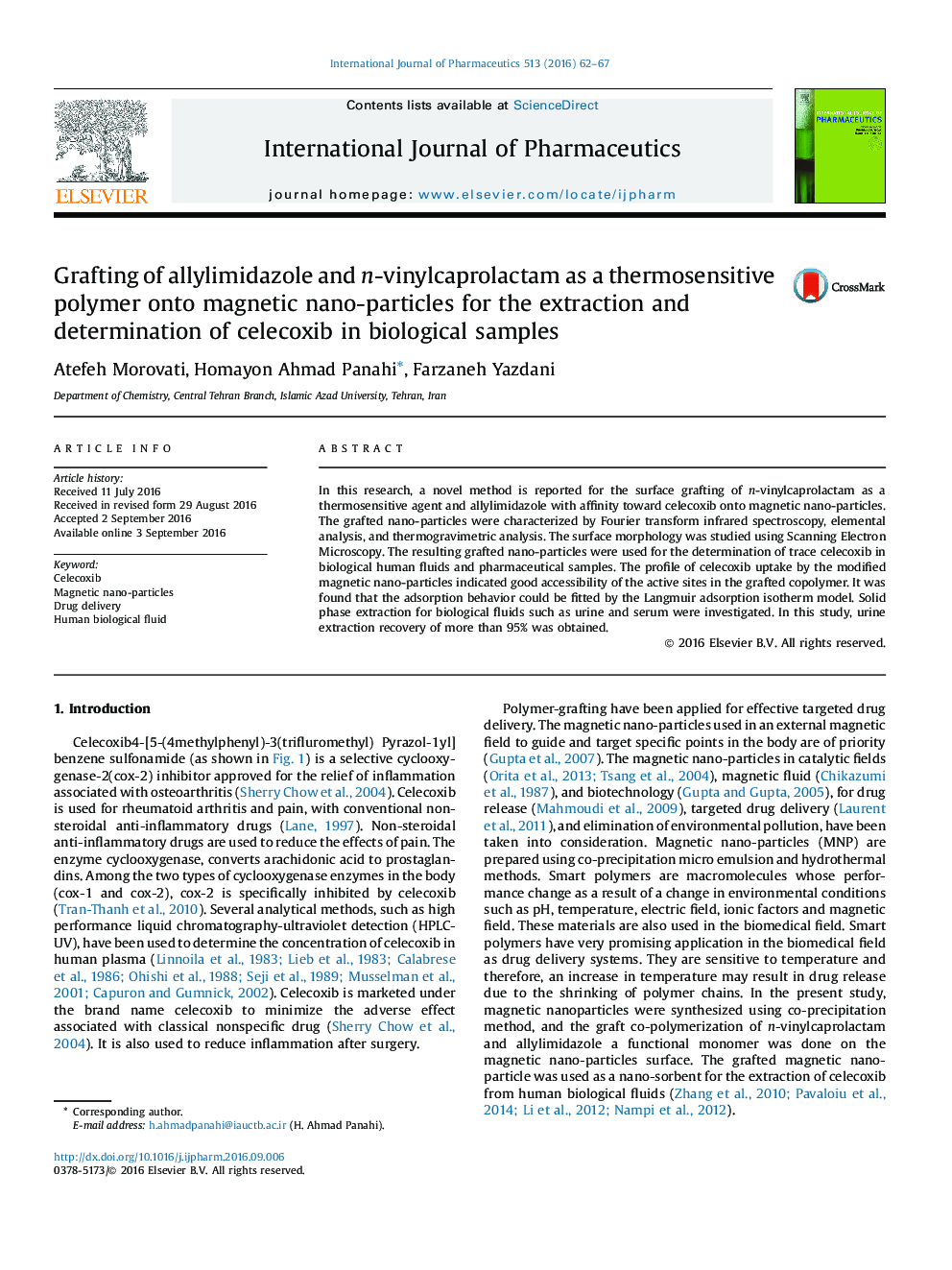 Grafting of allylimidazole and n-vinylcaprolactam as a thermosensitive polymer onto magnetic nano-particles for the extraction and determination of celecoxib in biological samples