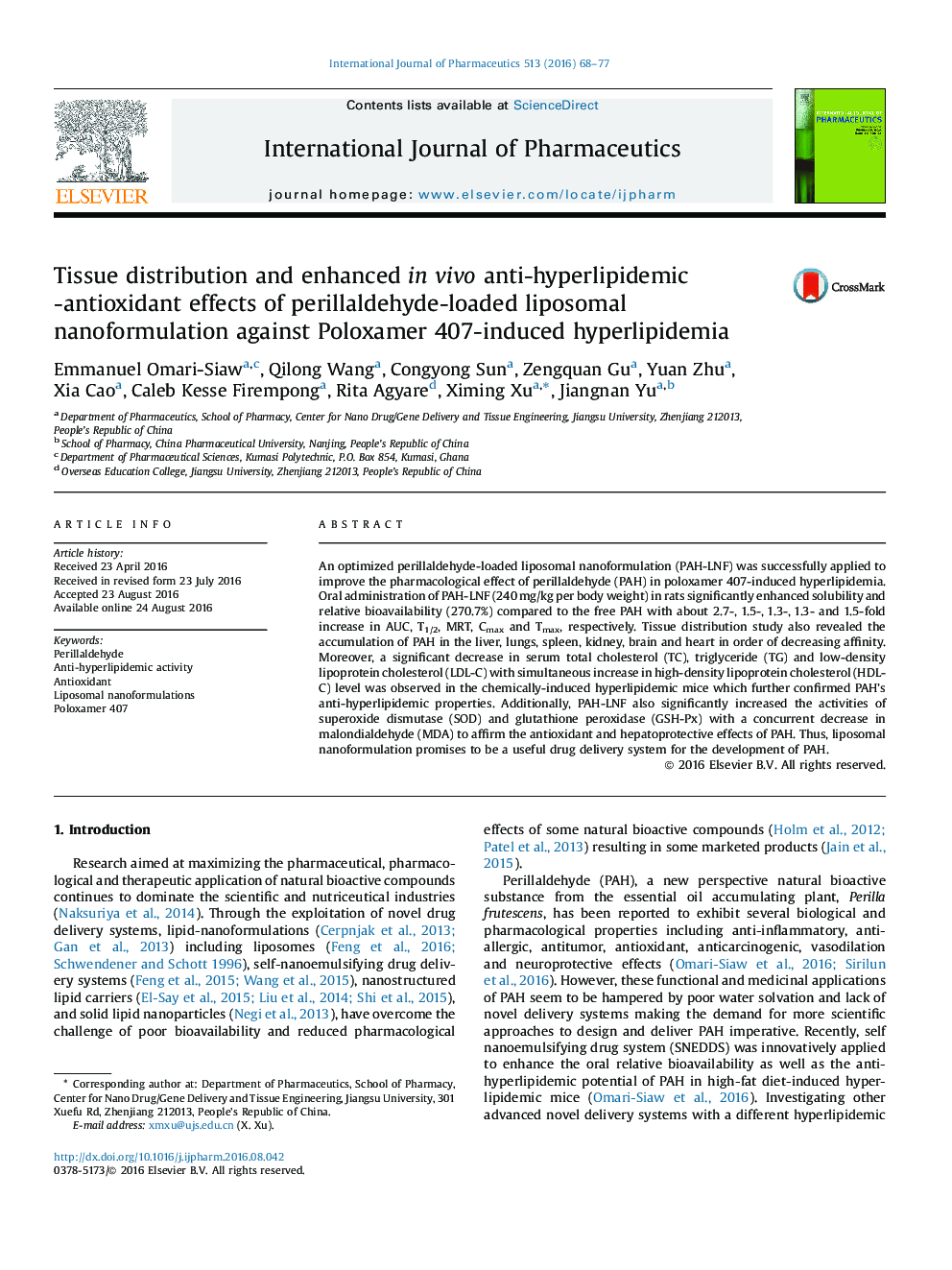 Tissue distribution and enhanced in vivo anti-hyperlipidemic-antioxidant effects of perillaldehyde-loaded liposomal nanoformulation against Poloxamer 407-induced hyperlipidemia