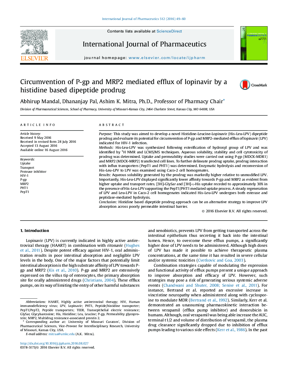 Circumvention of P-gp and MRP2 mediated efflux of lopinavir by a histidine based dipeptide prodrug