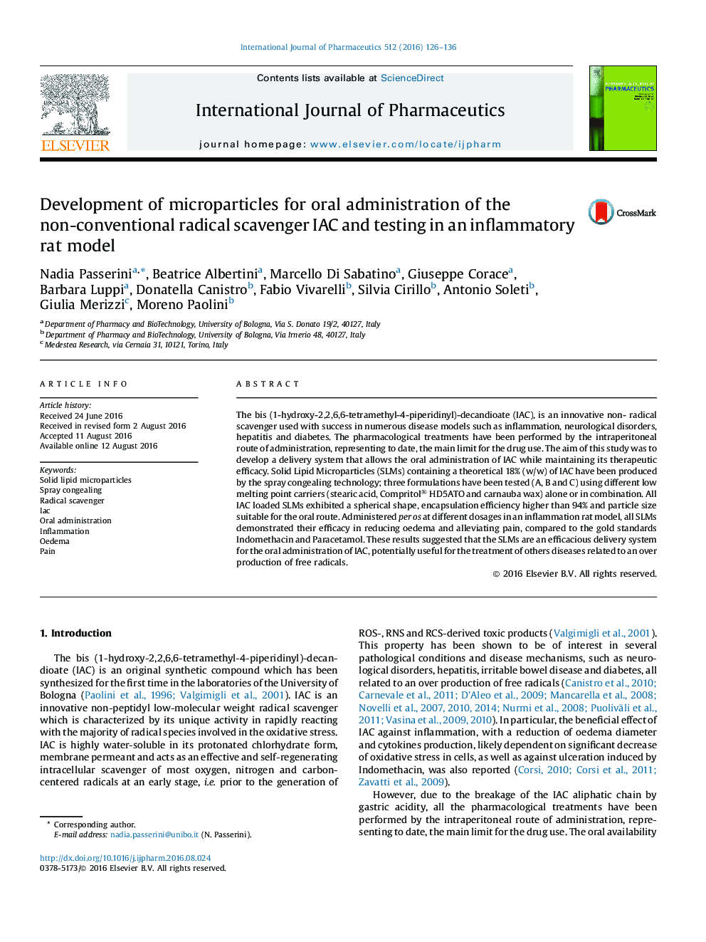 Development of microparticles for oral administration of the non-conventional radical scavenger IAC and testing in an inflammatory rat model