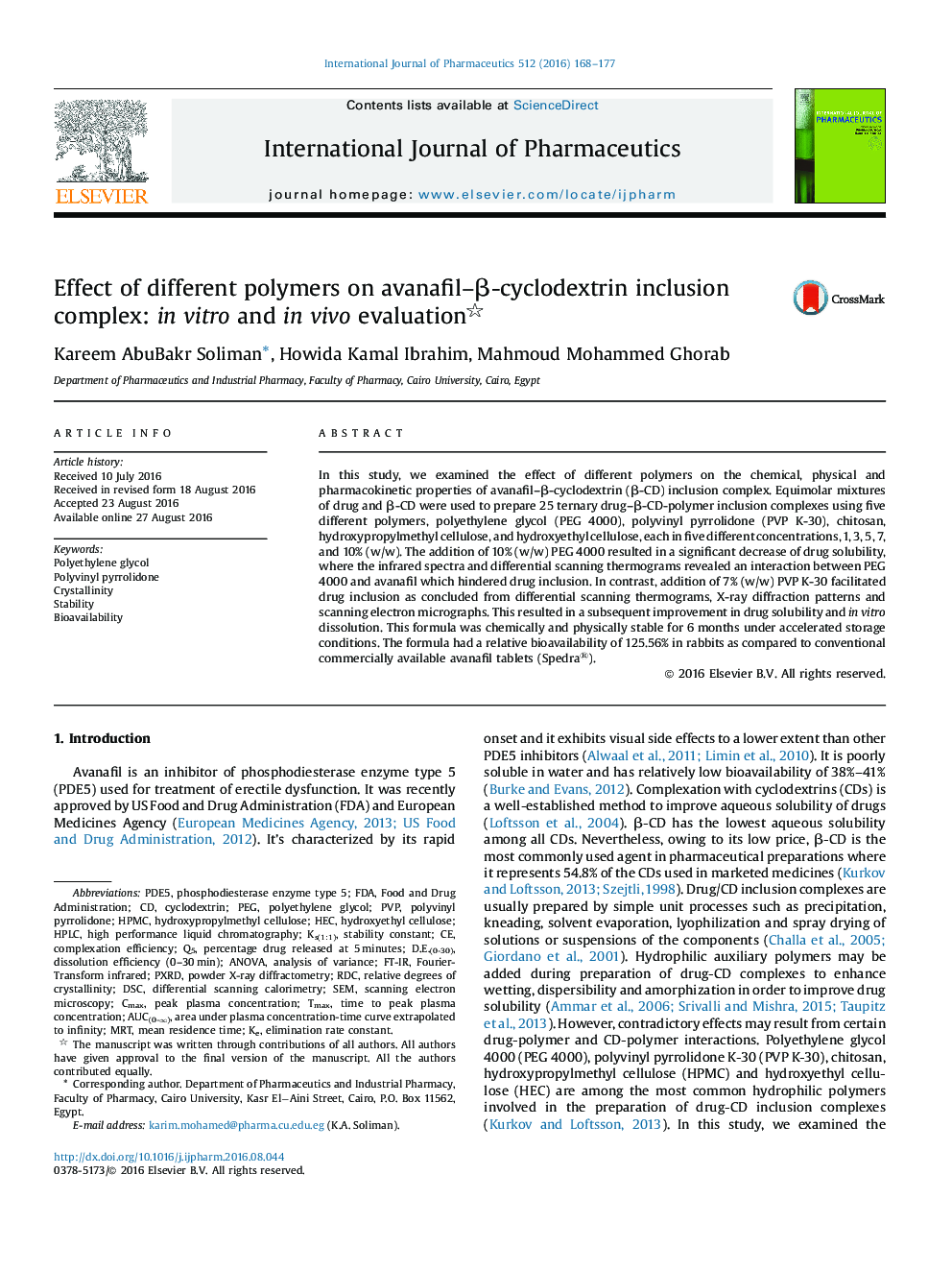 Effect of different polymers on avanafil–β-cyclodextrin inclusion complex: in vitro and in vivo evaluation 